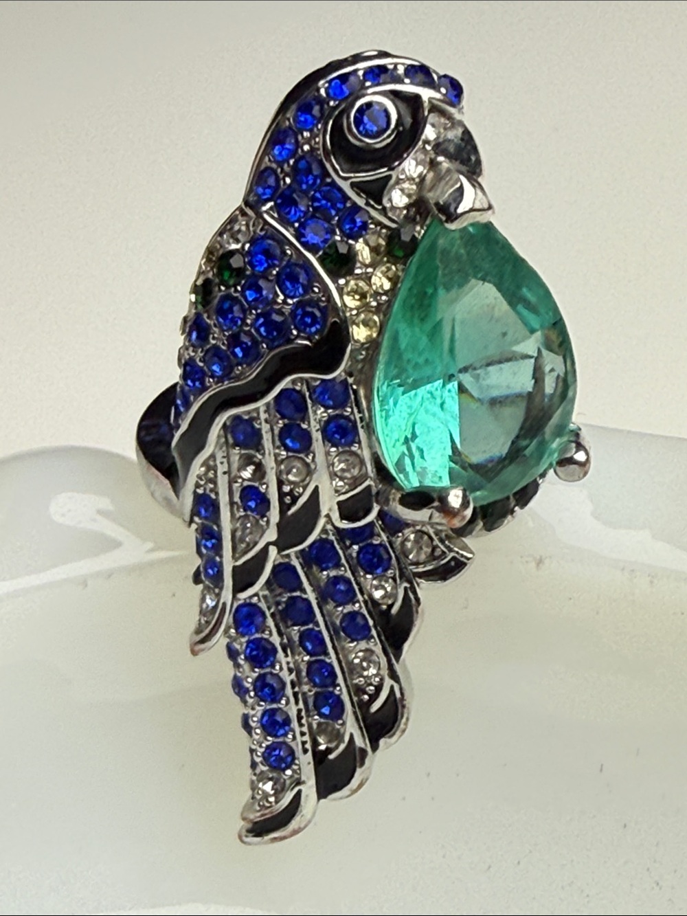 Blue Parrot Cocktail Ring with Teardrop Green Stone